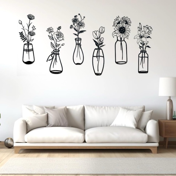 6 Black Floral Vase Wall Art Decor NWT